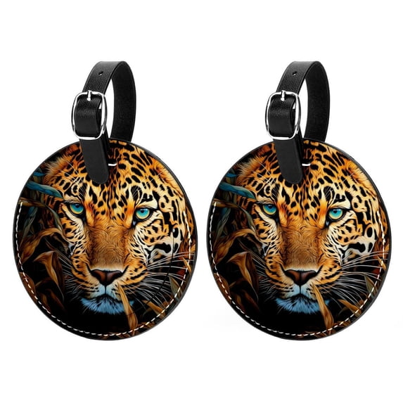 Leopard 2pcs PU Leather Round Bag Tags with Privacy Cover and Name ID Tag - Suitcase Tags for Travel Luggage, Handbags, Backpacks, School Bags