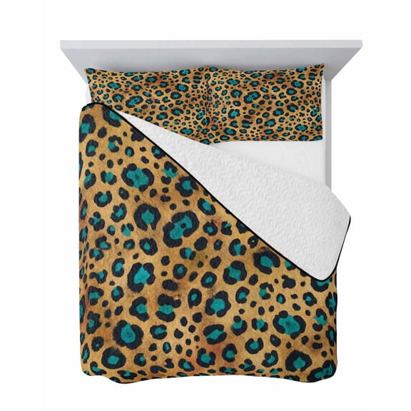Leopard 3 Piece Quilt Set King Size, Brown Leopard Print Accented with Bright Blue Patches Soft Bedspread Coverlet Bedding Set Microfiber Lightweight Comforter Set with 2 Pillowcases for Bedroom