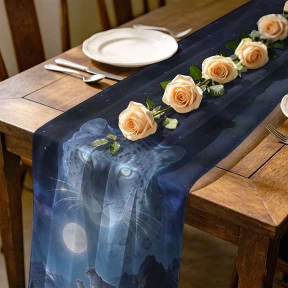 Leopard 4.5 ft Cheesecloth Table Runner for Wedding 19"x55", Watercolor Leopard Fantasy Moon Mountain Tree Natural Scenery Kitchen Dinner Sheer Tulle Chiffon Dresser Scarf, Holiday Party Decorations
