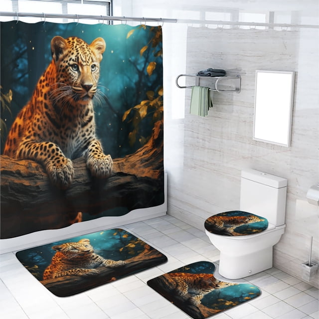 Leopard 4 Pcs Shower Curtain Set African Wildlife Safari Tropical
