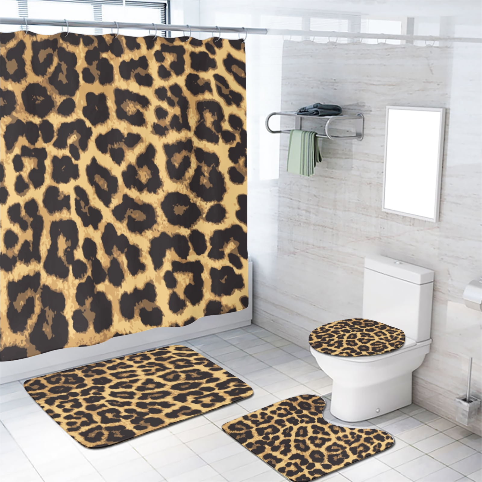 Leopard 4 Pcs Shower Curtain Set Cheetah Brown Wild Safari Animal Powerful Waterproof Fabric Cloth Bath Curtain, Non-Slip Bathroom Rugs Bath Mats, 72x72 Inch