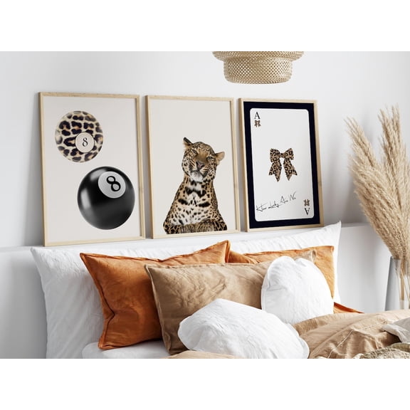Leopard 8 Ball Art Prints Retro Cheetah Ace Card Wall Decor Set 3 Stretched Canvas 8x12