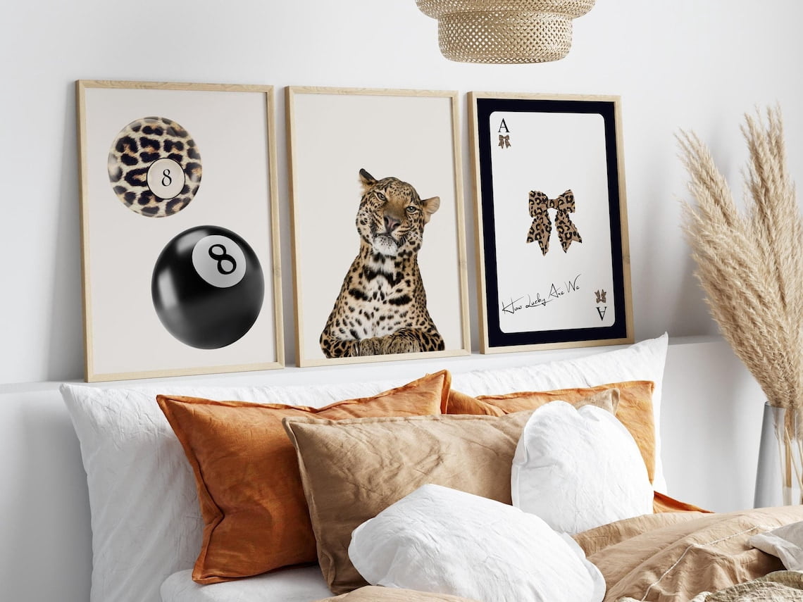 Leopard 8 Ball Art Prints Retro Cheetah Ace Card Wall Decor Set 3 ...