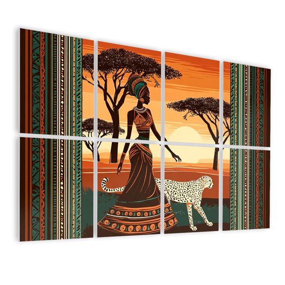 Leopard 8 Pack Art Acoustic Panels Sound Absorbing African Inspired Woman Walking Cheetah Sunset Decorative Soundproof Wall Panels Self Adhesive for Nursery Game Room Bedroom 48"x32"