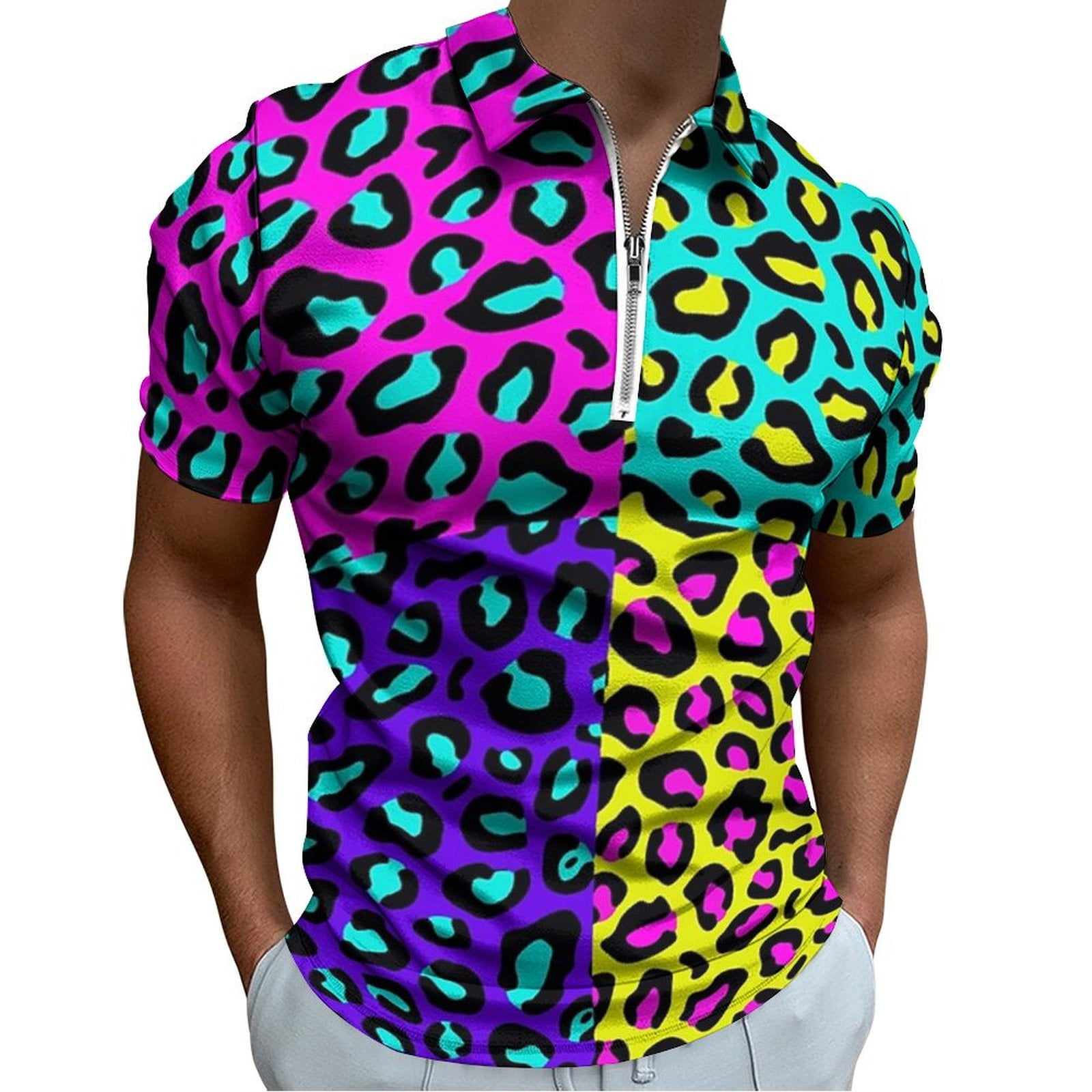 Leopard 80s Men Zipper T-shirt Summer Casual Short Sleeve T-shirt