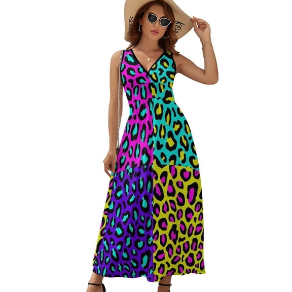 Leopard 80s Sleeveless Dress Dresses Women Summer Evening Dresses Ladies Bohemia Long Dresses