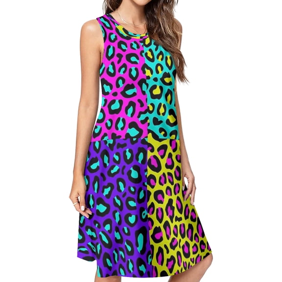 Leopard 80s Spring Summer Dresses for Women Fashion T-shirt Dress Casual Sleeveless Loose Sundress with Pockets