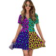 thumbnail image 1 of Leopard 80s Women Dress V-Neck Short Sleeve Flowy Swing Party Midi Dress, 1 of 4