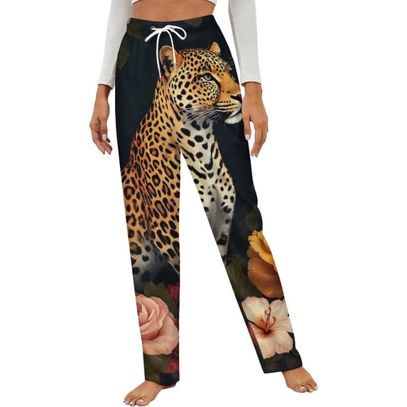 Leopard Amongst Vibrant Flowers Winter Female Pants Flannel High Waist Women Pants Lady Warm Straight Leg Plush Trousers