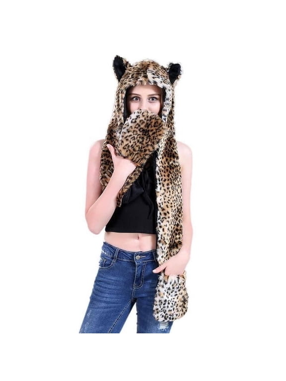 Leopard Style Animal Full Hood Hoodie Cosplay costumes Hat Faux Fur 3 IN 1 Function