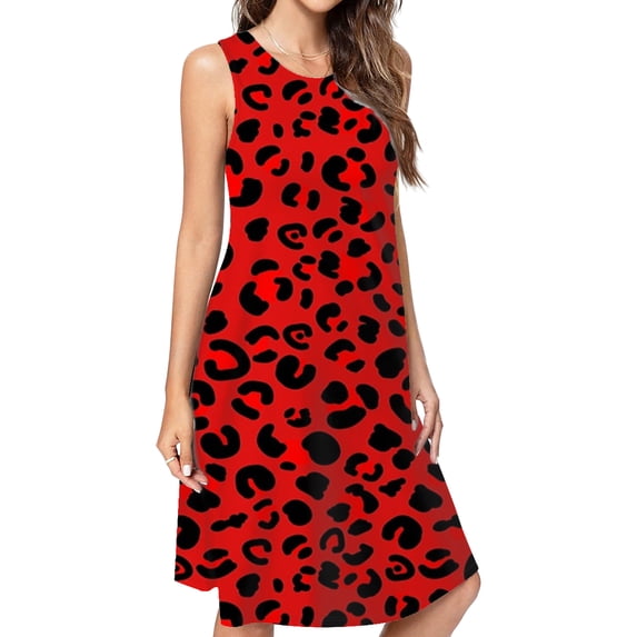 Leopard Animal Print Red Casual Sleeveless Loose Sundress Dress For Women Summer Dress Daily Woman