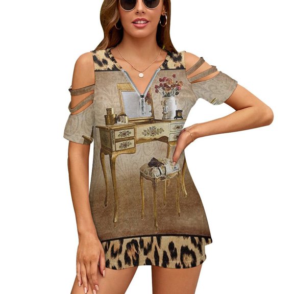 Leopard Animal Texture Brown Womens Summer V Neck Zipper Top Short Sleeve T Shirt Off Shoulder Top Casual Classy Loose Shirts