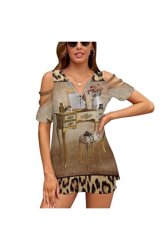 Leopard Animal Texture Brown Womens Summer V Neck Zipper Top Short Sleeve T Shirt Off Shoulder Top Casual Classy Loose Shirts