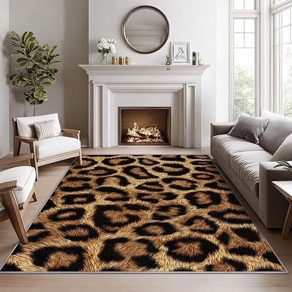 Leopard Area Rugs for Living Room, Brown Cheetah Living Room Rug, Faux Fur Animal Print Rug for Bedroom, Wildlife Animal Washable Carpet, Leopard Print Home Decor & Gifts 5 x 8ft