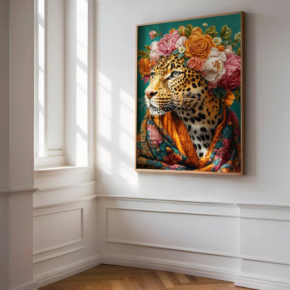 Leopard Art Print Pop Art Bold Floral Animal Portrait, Stretched Canvas 12x16in