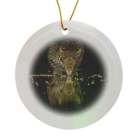 3drose, Leopard at Waterhole at Night. Africa, Kenya, Amboseli National Park., Circle Porcelain Ornament