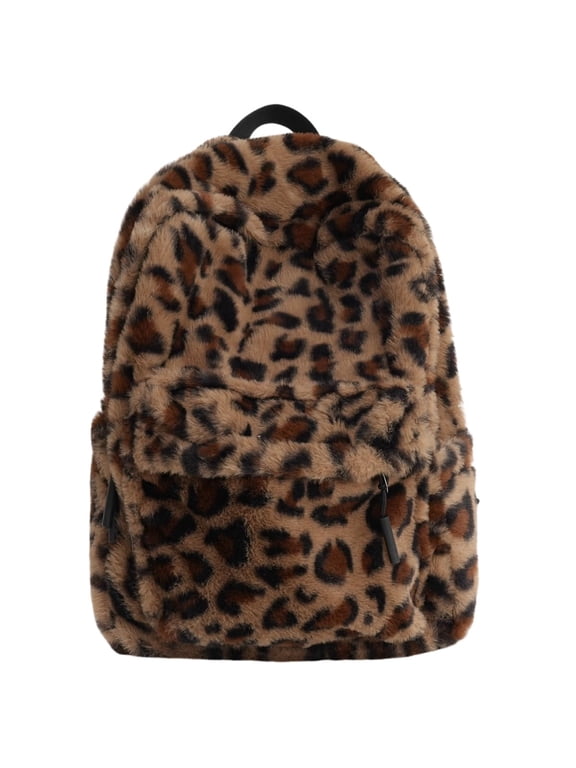 Leopard Backpack for Women Soft Fluffy Plush Trendy Backpack Cheetah Daypack Travel Rucksack