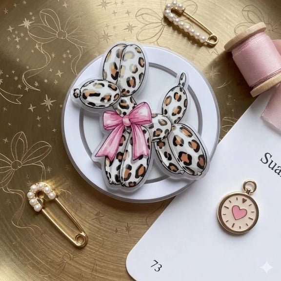 Leopard Balloon Dog Phone Grip  Kickstand, Pink Bow Accessory