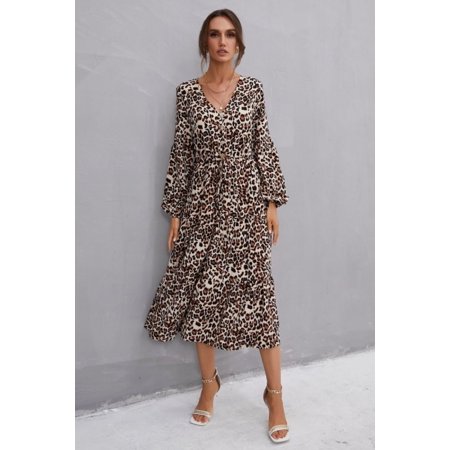 Leopard Balloon Sleeve Ruffle Hem Dress