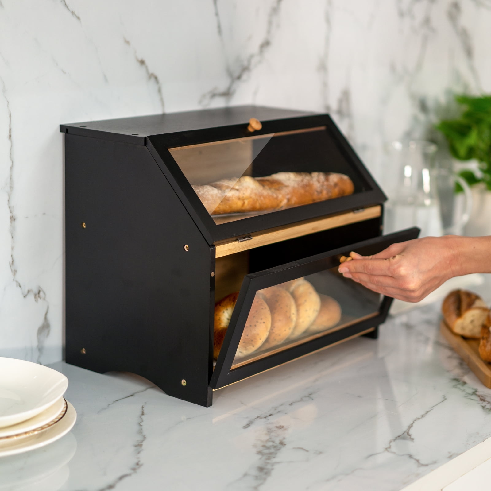 ビーズシェルバンブーBOX ② L Leopard Bamboo Double-Layer Bread Box, Black, 14.6