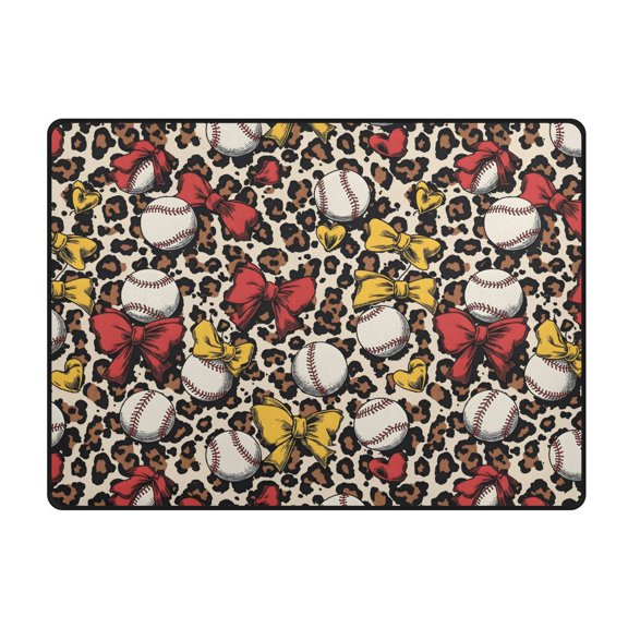 Leopard Baseball Love Pattern Area Rug 63x48 Inch Non Slip Absorbent Soft for Bedroom Entryway