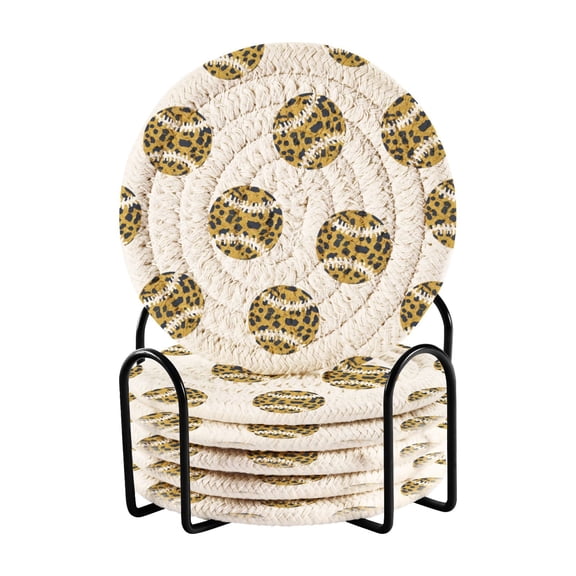 Leopard Baseball Pattern Bar Coasters 6 Pack Braided Coasters with Holder Absorbent Heat Resistant