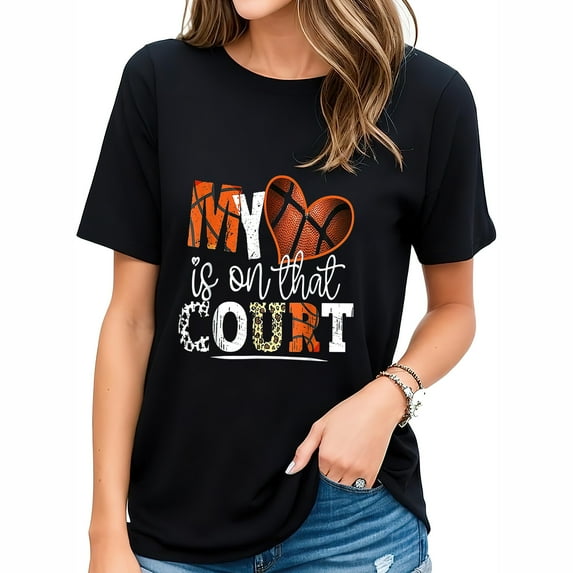 Leopard Basketball Mom My Heart is on That Court B Trendy Women's Space Print Short Sleeve Top
