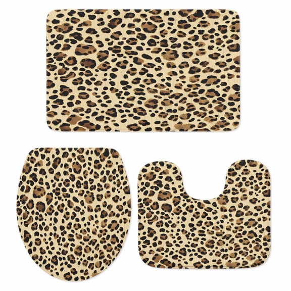 Leopard Bath Mat 3 Piece Bathroom Rug Set, Brown Animals Art Modern Farmhouse Non Slip Bath Rug Contour Mat and Toilet Lid Cover, Absorbent Shower Mats Soft Bath Rugs and Mats Sets