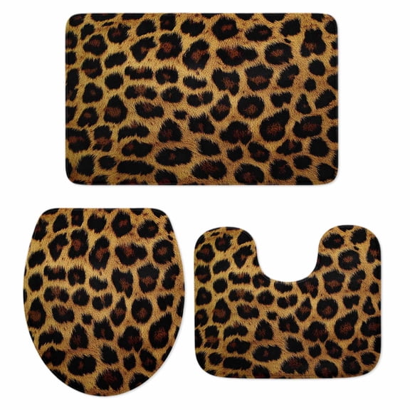 Leopard Bath Mat 3 Piece Bathroom Rug Set, Brown Vintage Leopard Print Non Slip Bath Rug Contour Mat and Toilet Lid Cover, Absorbent Shower Mats Soft Bath Rugs and Mats Sets