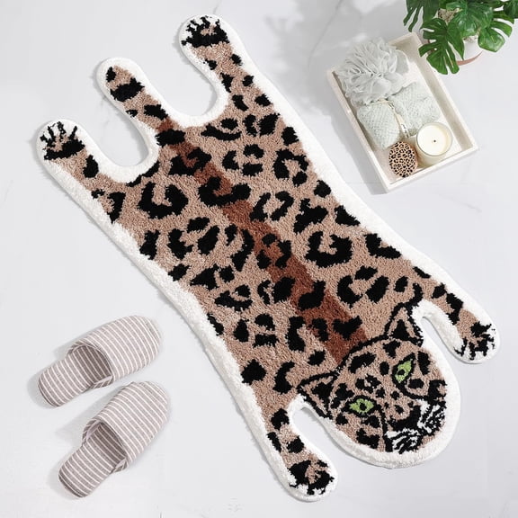Leopard Bath Mat for Bathroom, Cute Brown Leopard Cartoon Bath Mats Non Slip Animal Shaped Absorbent Bathtub Rug Bathroom Plush Shower Rugs