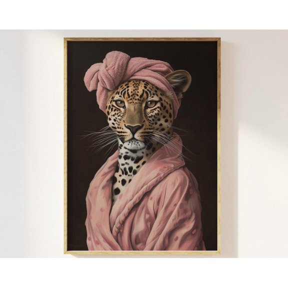 Leopard Bathrobe Bathroom Wall Art Print, Animal Decor