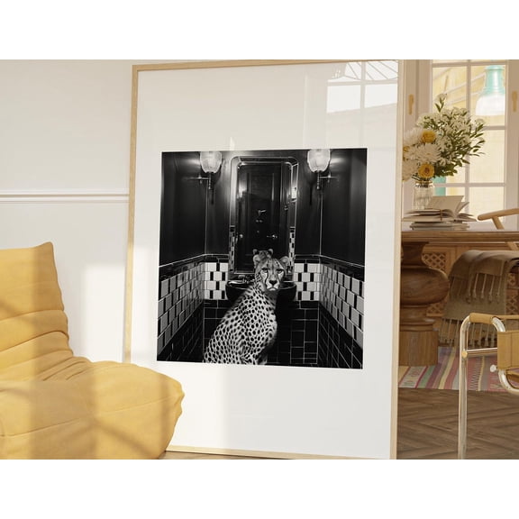 Leopard Bathroom Art Print Black White Illustration, Unframed Paper Poster 8x10in