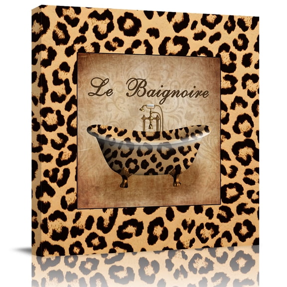 Leopard Bathtub Canvas Artwork Painting Art, Brown Animal Print Texture Square Framed Wall Decorations Prints Picture for Bedroom Kitchen Living Room, 12x12 in