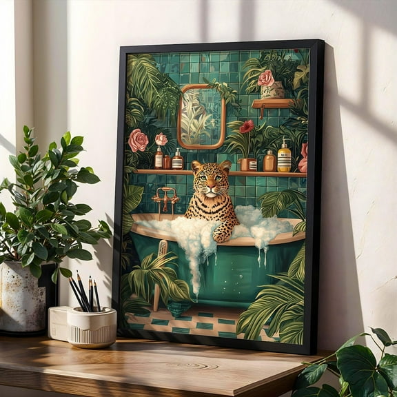 Leopard Bathtub Wall Art Jungle Bathroom Poster Animal Print Poster Tropical Spa Decor Botanical Relaxing Wall Art Poster for Home, Size 24x36 UNFFRAMED F03.1.6l1568