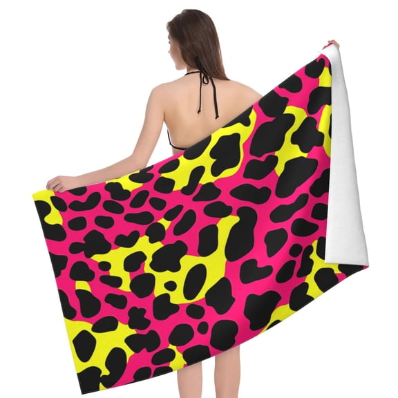 Leopard Beach Towel 32 X 52 Inch, Microfiber Pink Yellow Neon Design, Quick Dry Sand Resistant Towel For Pool Travel