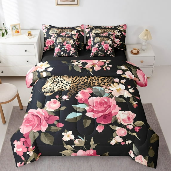 Leopard Bed Set in a Bag 7 Pcs,Wild Cheetah Animal Brown Leopard Print Bedding Set,Watercolor Pink Roses Garden Flowers Comforter with Fitted,Flat Sheet,Pillowcase,Pillow Covers,Queen