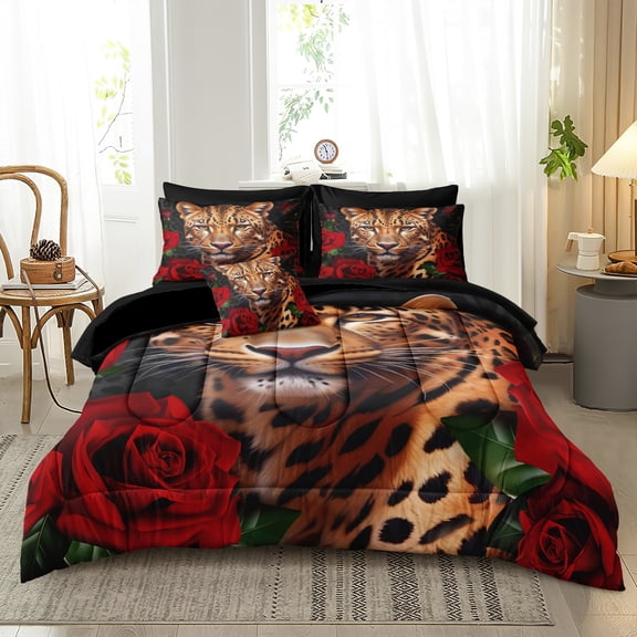 Leopard Bedding Comforter Set with Sheets Queen/King Size Rose Floral Bedding Set Rose Flowers and Wild Cheetah Print 8 Pcs King Bed in a Bag Set Teen Adults Animal Comforter Set for All Season with