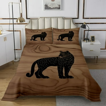 Leopard Bedspread Set Twin Size,Animals Hunting Wildlife Quilt Set For Bedroom,Safari Winter Rustic Soft Coverlet Set,Wooden Plank Print Microfiber Bedding Set