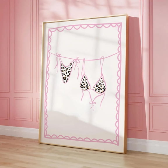 Leopard Bikini Poster On Clothing Line Pink Coquette Decor Beachy Wall Art Trendy Apartment Decor Cheetah Wall Art Girly College Dorm Decor UNFRAMED Poster, Wall Art for Decor, Present, 8x12