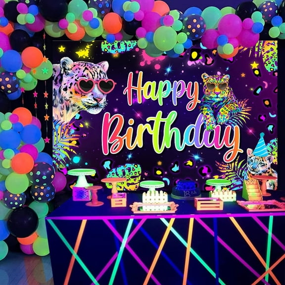 Leopard Birthday Backdrop Neon Rainbow Leopard Photography Background Safari Wild Cheetah Happy Birthday Photoshoot Backdrop Party Supplies for Women Girls