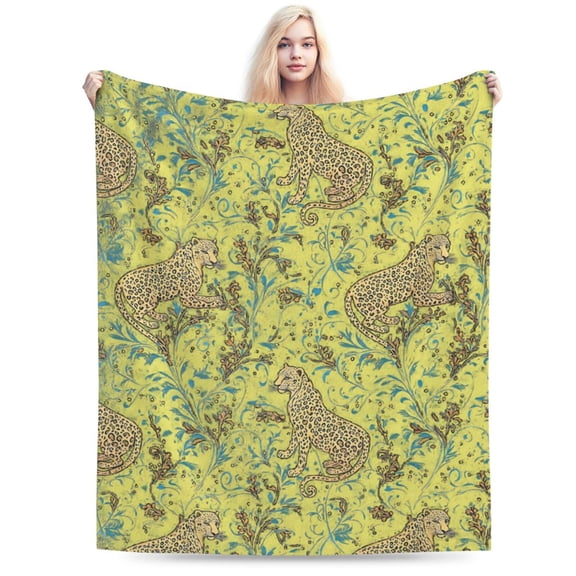 Leopard Blanket - Elegant Golden Leopards Dark Blue Fleece Throw 50x40