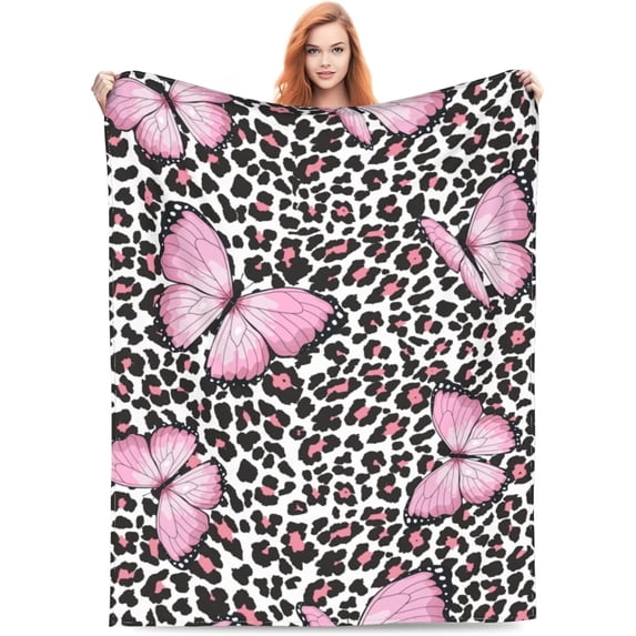 Leopard Blanket for Women Girls Leopard Blanket Gifts 60" X 50" Flannel Pink Butterfly and Leopard Design Throw Blankets for Bed Living Room Sofa Couch Soft Warm Lightweight Cozy Leopard Decor