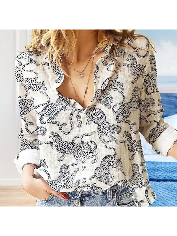 Leopard Blouses Shirt, Leopard Pattern Women Casual Shirt, Women's Clothing, Button Up Shirt, Long Sleeve Shirt, Gift For Her