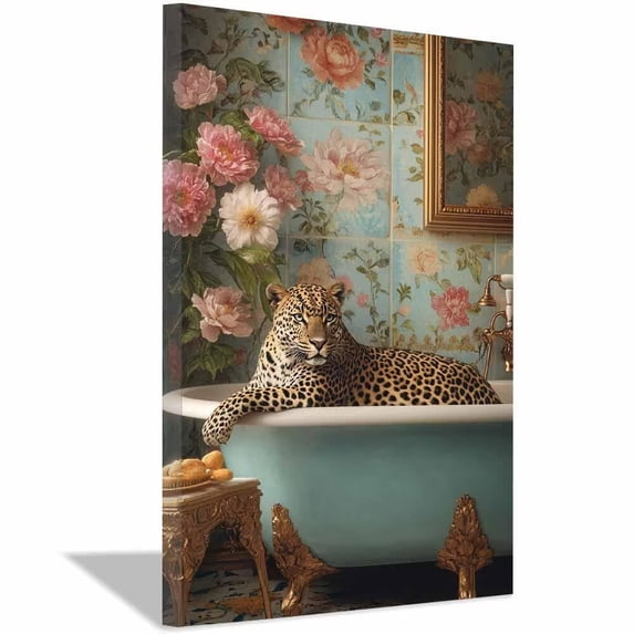 Leopard in Blue Bathtub Canvas Wall Art, Floral Bathroom Prints Painting for Bathroom Living Room Bedroom Decor, Framed Ready to Hang Ready to hang-30"L x 20"W