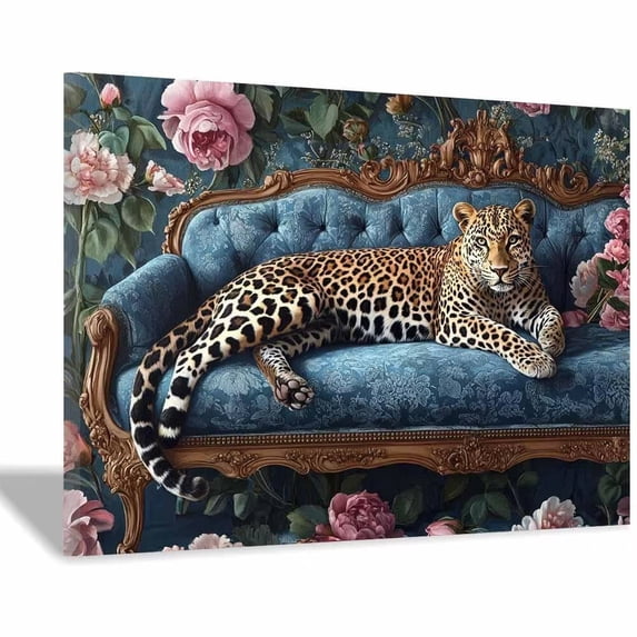 Leopard on Blue Damask Sofa Canvas Wall Art, Floral Wildlife Prints Painting for Living Room Bedroom Office Home Decor, Framed Ready to Hang Ready to hang-30"L x 20"W