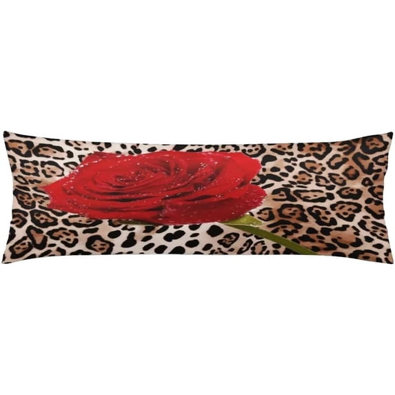 Leopard Body Pillow Cover Red Rose Mix Wild Animal Leopard Print Pattern Romantic Cushion Long Pillowcase with Zipper Decorative Soft Large Bedding Pillow Cases for Couch,Bedroom,Home Gifts 20"x54"