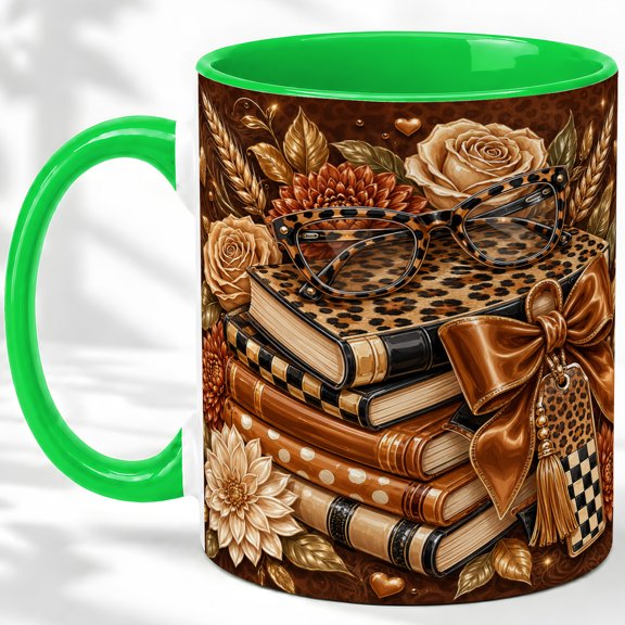Leopard Books Accent Mug, 11oz Ceramic Coffee Cup for Book Lovers