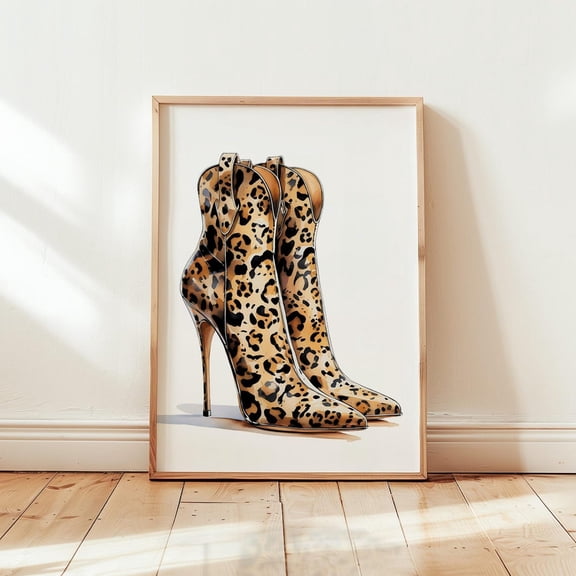 Leopard Boots High Heels Fashion Wall Art, Unframed Paper Print Size 8x12
