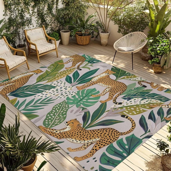 Leopard Botanical Outdoor Rug for Patio/Deck/Porch, Non-Slip Large Area Rug 4 x 6 Ft, Summer Tropical Animals Leaves Indoor Outdoor Rugs Washable Area Rugs, Reversible Camping Rug Carpet Runner
