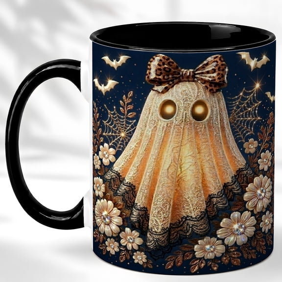 Leopard Bow Ghost Coffee Mug, Gothic Bat Mug, Ceramic 11 oz